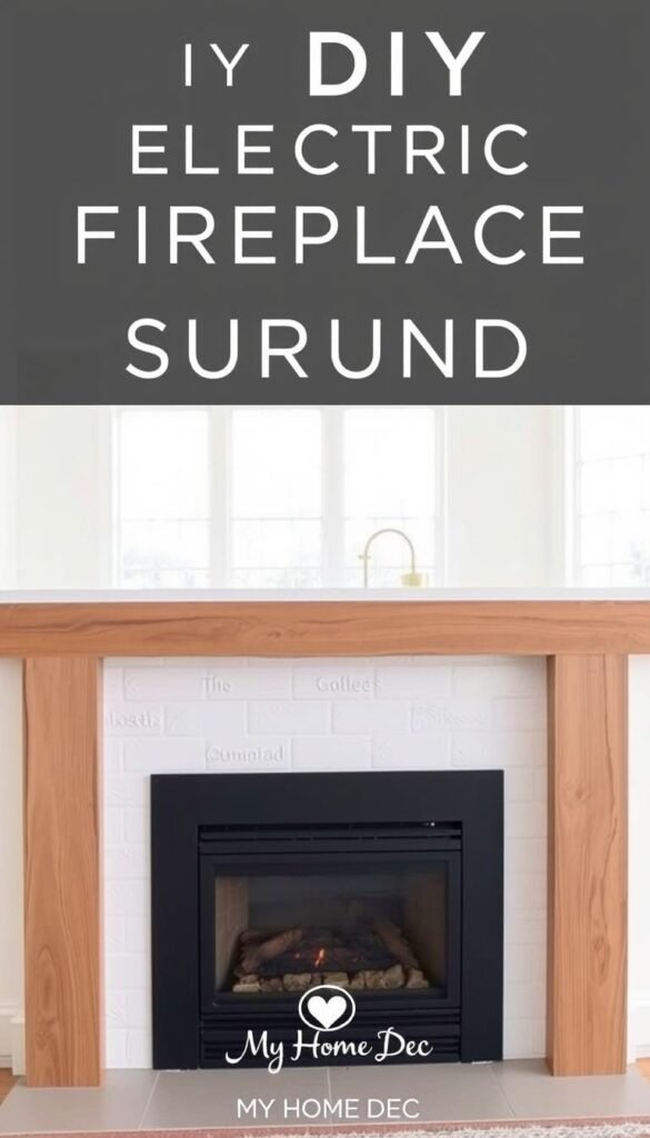 A DIY electric fireplace surround in a modern, minimalist style. In the foreground, a simple but elegant fireplace insert with a sleek black finish, surrounded by a custom-built wooden frame in a warm, natural wood tone. The middle ground features a plain white wall with subtle textures, allowing the fireplace to be the focal point. In the background, a softly lit, airy room with large windows letting in plenty of natural light, creating a cozy and inviting atmosphere. The entire scene is captured with a wide-angle lens, giving a sense of depth and balance. Branding for "My Home Dec" discreetly incorporated into the design. A DIY electric fireplace surround in a modern, minimalist style. In the foreground, a simple but elegant fireplace insert with a sleek black finish, surrounded by a custom-built wooden frame in a warm, natural wood tone. The middle ground features a plain white wall with subtle textures, allowing the fireplace to be the focal point. In the background, a softly lit, airy room with large windows letting in plenty of natural light, creating a cozy and inviting atmosphere. The entire scene is captured with a wide-angle lens, giving a sense of depth and balance. Branding for "My Home Dec" discreetly incorporated into the design.
