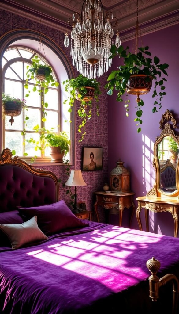 A Mediterranean-inspired purple bedroom with intricate tile patterns on the walls, a plush velvet headboard, and lush greenery spilling from ornate hanging planters. Sunlight streams through arched windows, casting a warm glow on the rich purple bedding and antique brass fixtures. In the corner, a vintage vanity with a gilded mirror reflects the image of a crystal chandelier overhead. Soft, diffused lighting creates an atmosphere of relaxation and sophistication. The space is a harmonious blend of ornate details and natural elements, embodying the essence of a "My Home Dec" Mediterranean-inspired design. A Mediterranean-inspired purple bedroom with intricate tile patterns on the walls, a plush velvet headboard, and lush greenery spilling from ornate hanging planters. Sunlight streams through arched windows, casting a warm glow on the rich purple bedding and antique brass fixtures. In the corner, a vintage vanity with a gilded mirror reflects the image of a crystal chandelier overhead. Soft, diffused lighting creates an atmosphere of relaxation and sophistication. The space is a harmonious blend of ornate details and natural elements, embodying the essence of a "My Home Dec" Mediterranean-inspired design.