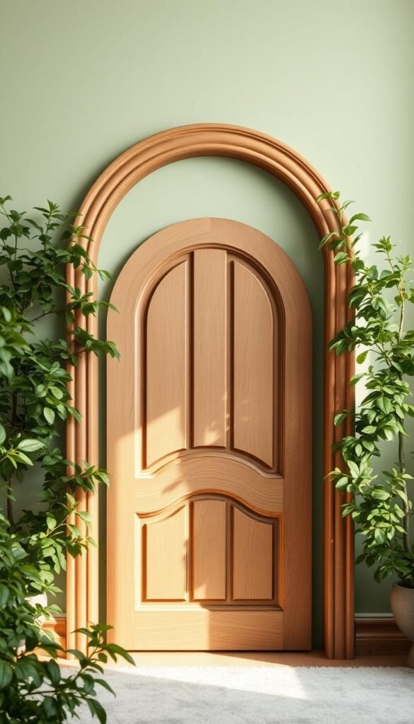 A beautiful, arched wooden door in a serene sage green nursery setting. The door, crafted with intricate details and a natural wood grain, is the focal point of the composition. Soft, diffused lighting creates a warm, welcoming atmosphere, accentuating the door's curves and texture. The door is framed by lush, verdant foliage, evoking a sense of tranquility and harmony. In the background, a muted sage green wall provides a calming backdrop, allowing the door's unique shape and configuration to take center stage. Titled "My Home Dec", this image perfectly captures the essence of a unique and chic nursery design. A beautiful, arched wooden door in a serene sage green nursery setting. The door, crafted with intricate details and a natural wood grain, is the focal point of the composition. Soft, diffused lighting creates a warm, welcoming atmosphere, accentuating the door's curves and texture. The door is framed by lush, verdant foliage, evoking a sense of tranquility and harmony. In the background, a muted sage green wall provides a calming backdrop, allowing the door's unique shape and configuration to take center stage. Titled "My Home Dec", this image perfectly captures the essence of a unique and chic nursery design.