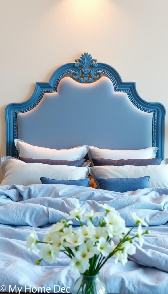 A beautiful, calming blue headboard with intricate carved details, placed against a soft, off-white wall. The headboard is illuminated by warm, natural lighting, creating a serene and inviting atmosphere. The bedding is plush and inviting, with layers of soft, muted blues and grays. In the foreground, a vase of fresh white flowers adds a natural, organic element. The overall scene exudes a sense of tranquility and relaxation, perfect for a cozy and sophisticated "My Home Dec" bedroom. A beautiful, calming blue headboard with intricate carved details, placed against a soft, off-white wall. The headboard is illuminated by warm, natural lighting, creating a serene and inviting atmosphere. The bedding is plush and inviting, with layers of soft, muted blues and grays. In the foreground, a vase of fresh white flowers adds a natural, organic element. The overall scene exudes a sense of tranquility and relaxation, perfect for a cozy and sophisticated "My Home Dec" bedroom.