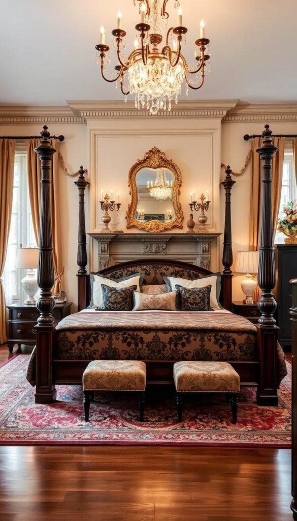 A beautifully appointed classic elegance bedroom design, featuring a stately four-poster bed with elegant dark wood frame, soft brown and black patterned linens, and subtly layered sheer curtains. The bedroom's focal point is a grand fireplace mantel, adorned with antique candle sconces and a gilded mirror above. Plush area rugs in rich hues warm the hardwood floors, complemented by dark wood nightstands and a classic dresser. Soft ambient lighting from a crystal chandelier creates a cozy, inviting atmosphere. My Home Dec A beautifully appointed classic elegance bedroom design, featuring a stately four-poster bed with elegant dark wood frame, soft brown and black patterned linens, and subtly layered sheer curtains. The bedroom's focal point is a grand fireplace mantel, adorned with antique candle sconces and a gilded mirror above. Plush area rugs in rich hues warm the hardwood floors, complemented by dark wood nightstands and a classic dresser. Soft ambient lighting from a crystal chandelier creates a cozy, inviting atmosphere. My Home Dec