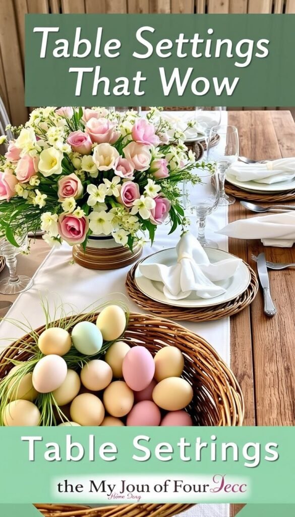 A beautifully arranged Easter table setting with a centerpiece of pastel flowers, delicate china plates, and shimmering glassware. In the foreground, a wicker basket overflows with delicate pastel-colored eggs. The middle ground features intricately folded cloth napkins and elegant cutlery. The background showcases a rustic wooden table with a crisp white tablecloth, illuminated by soft, natural lighting. This cozy, inviting scene captures the essence of "Table Settings That Wow" for the My Home Dec Easter decor feature. A beautifully arranged Easter table setting with a centerpiece of pastel flowers, delicate china plates, and shimmering glassware. In the foreground, a wicker basket overflows with delicate pastel-colored eggs. The middle ground features intricately folded cloth napkins and elegant cutlery. The background showcases a rustic wooden table with a crisp white tablecloth, illuminated by soft, natural lighting. This cozy, inviting scene captures the essence of "Table Settings That Wow" for the My Home Dec Easter decor feature.