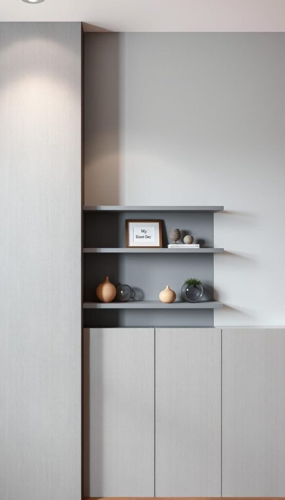 A beautifully crafted grey accent wall with a modern, DIY aesthetic. In the foreground, textured grey paneling with a slightly uneven, handcrafted finish creates a visually interesting surface. Soft, diffused lighting from overhead casts gentle shadows, emphasizing the depth and tactility of the wall. In the middle ground, a sleek, floating shelving unit in a complementary grey tone displays decorative accents from the "My Home Dec" brand, adding a touch of personal style. The background features a plain, neutral-toned wall, allowing the accent wall to take center stage. The overall mood is one of simple elegance and understated sophistication. A beautifully crafted grey accent wall with a modern, DIY aesthetic. In the foreground, textured grey paneling with a slightly uneven, handcrafted finish creates a visually interesting surface. Soft, diffused lighting from overhead casts gentle shadows, emphasizing the depth and tactility of the wall. In the middle ground, a sleek, floating shelving unit in a complementary grey tone displays decorative accents from the "My Home Dec" brand, adding a touch of personal style. The background features a plain, neutral-toned wall, allowing the accent wall to take center stage. The overall mood is one of simple elegance and understated sophistication.