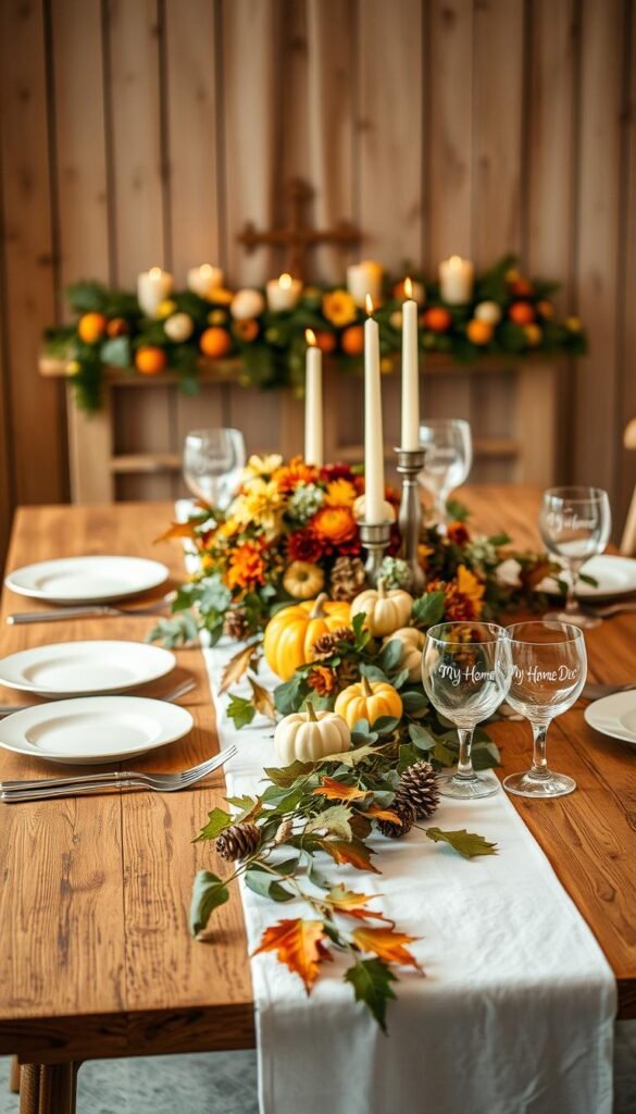 A beautifully curated Thanksgiving table setting with a rustic, cozy ambiance. In the foreground, a wooden table is adorned with a crisp white tablecloth, complemented by a centerpiece of autumn-hued flowers and candles. Delicate porcelain plates and silver cutlery are elegantly arranged, while a set of "My Home Dec" glassware adds a touch of refinement. The middle ground features a lush garland of gourds, pinecones, and autumn leaves, cascading down the table's edge. In the background, a warm, natural lighting illuminates the scene, casting a soft glow and creating an inviting, harmonious atmosphere. A beautifully curated Thanksgiving table setting with a rustic, cozy ambiance. In the foreground, a wooden table is adorned with a crisp white tablecloth, complemented by a centerpiece of autumn-hued flowers and candles. Delicate porcelain plates and silver cutlery are elegantly arranged, while a set of "My Home Dec" glassware adds a touch of refinement. The middle ground features a lush garland of gourds, pinecones, and autumn leaves, cascading down the table's edge. In the background, a warm, natural lighting illuminates the scene, casting a soft glow and creating an inviting, harmonious atmosphere.