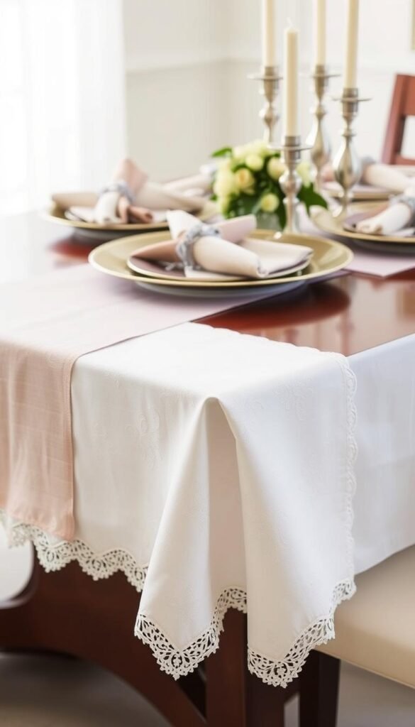 A beautifully curated table setting with high-quality table linens from the "My Home Dec" brand. In the foreground, an elegant white tablecloth with delicate lace edging cascades gracefully over the edge of a polished wooden table. Atop the cloth, a runner in a soft, neutral tone adds a layer of texture and visual interest. Subtly patterned napkins in complementary hues are neatly folded and arranged, while a collection of silver candlesticks and a simple floral centerpiece create a warm, inviting ambiance. The scene is bathed in soft, natural lighting, showcasing the luxurious fabrics and finishes. A sense of refined sophistication and attention to detail permeates the image, perfectly capturing the essence of the "Table Linens: Choosing the Right Fabrics" section. A beautifully curated table setting with high-quality table linens from the "My Home Dec" brand. In the foreground, an elegant white tablecloth with delicate lace edging cascades gracefully over the edge of a polished wooden table. Atop the cloth, a runner in a soft, neutral tone adds a layer of texture and visual interest. Subtly patterned napkins in complementary hues are neatly folded and arranged, while a collection of silver candlesticks and a simple floral centerpiece create a warm, inviting ambiance. The scene is bathed in soft, natural lighting, showcasing the luxurious fabrics and finishes. A sense of refined sophistication and attention to detail permeates the image, perfectly capturing the essence of the "Table Linens: Choosing the Right Fabrics" section.