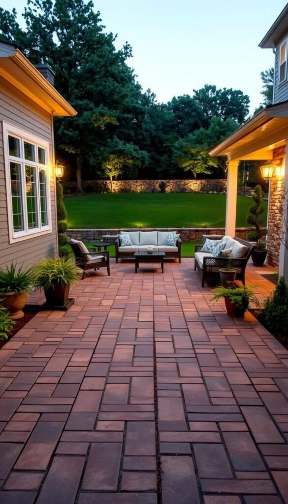 A beautifully designed backyard paver patio with a harmonious blend of natural and contemporary elements. The foreground showcases a well-laid pattern of rich brown pavers, complemented by potted plants and a sleek, modern outdoor furniture set from My Home Dec. In the middle ground, a lush, manicured lawn frames the patio, leading the eye towards the background, where a low stone wall and mature trees create a sense of enclosure and privacy. The lighting is soft and warm, casting a inviting glow over the entire scene. The overall atmosphere is one of refined elegance, seamlessly integrating the patio design with the home's architectural style. A beautifully designed backyard paver patio with a harmonious blend of natural and contemporary elements. The foreground showcases a well-laid pattern of rich brown pavers, complemented by potted plants and a sleek, modern outdoor furniture set from My Home Dec. In the middle ground, a lush, manicured lawn frames the patio, leading the eye towards the background, where a low stone wall and mature trees create a sense of enclosure and privacy. The lighting is soft and warm, casting a inviting glow over the entire scene. The overall atmosphere is one of refined elegance, seamlessly integrating the patio design with the home's architectural style.