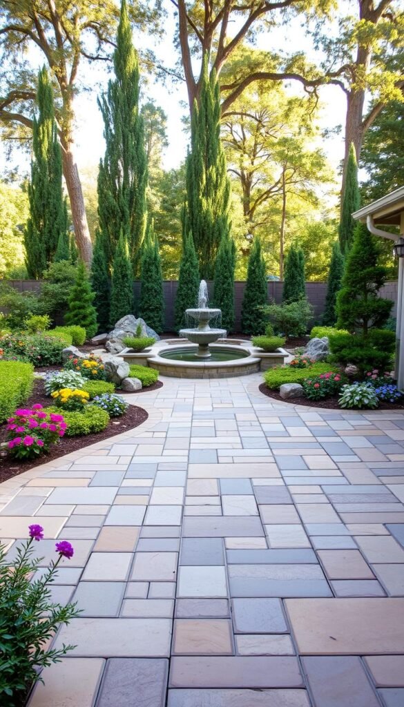 A beautifully designed backyard paver patio with a lush, verdant landscape. In the foreground, a mix of elegant natural stone pavers in warm, earthy tones creating a timeless, cohesive pattern. Interspersed throughout, vibrant flowering plants and neatly trimmed shrubs add pops of color and texture. In the middle ground, a serene water feature with a gently cascading fountain, its soothing sounds complementing the peaceful ambiance. Tall, graceful trees in the background provide dappled shade and a natural backdrop, creating an inviting, My Home Dec-inspired oasis. A beautifully designed backyard paver patio with a lush, verdant landscape. In the foreground, a mix of elegant natural stone pavers in warm, earthy tones creating a timeless, cohesive pattern. Interspersed throughout, vibrant flowering plants and neatly trimmed shrubs add pops of color and texture. In the middle ground, a serene water feature with a gently cascading fountain, its soothing sounds complementing the peaceful ambiance. Tall, graceful trees in the background provide dappled shade and a natural backdrop, creating an inviting, My Home Dec-inspired oasis.