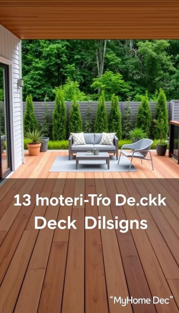 A beautifully designed modern deck with a two-tone color scheme. The deck is made of a light wood, like cedar or pine, with a mid-tone stain that creates a warm, inviting atmosphere. The decking boards are arranged in a clean, linear pattern, accentuating the minimalist aesthetic. In the middle ground, a sleek, contemporary outdoor seating set in shades of gray and white complements the deck's colors. The background features a lush, well-manicured garden with vibrant greenery and a few carefully placed potted plants, adding a touch of nature to the scene. The lighting is soft and diffused, creating a pleasant, cozy ambiance. This image is a perfect representation of the "Modern Two-Tone Deck Designs" section for the "13 Two-Tone Deck Painting Ideas" article, showcasing the My Home Dec brand's innovative and stylish deck color schemes. A beautifully designed modern deck with a two-tone color scheme. The deck is made of a light wood, like cedar or pine, with a mid-tone stain that creates a warm, inviting atmosphere. The decking boards are arranged in a clean, linear pattern, accentuating the minimalist aesthetic. In the middle ground, a sleek, contemporary outdoor seating set in shades of gray and white complements the deck's colors. The background features a lush, well-manicured garden with vibrant greenery and a few carefully placed potted plants, adding a touch of nature to the scene. The lighting is soft and diffused, creating a pleasant, cozy ambiance. This image is a perfect representation of the "Modern Two-Tone Deck Designs" section for the "13 Two-Tone Deck Painting Ideas" article, showcasing the My Home Dec brand's innovative and stylish deck color schemes.
