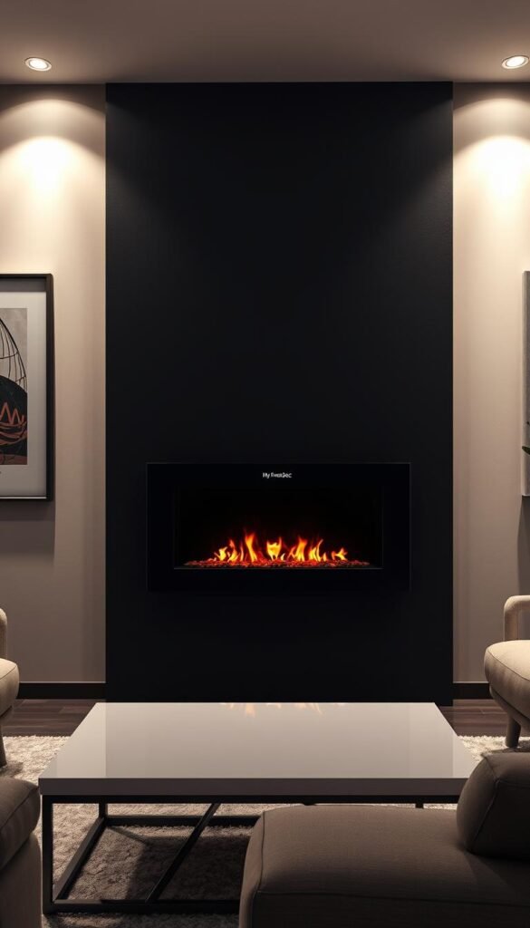 A beautifully designed, modern wall-mounted electric fireplace with a sleek, minimalist frame. The fireplace is surrounded by a textured, matte black wall, creating a striking contrast. The fireplace's flames flicker realistically, casting a warm, cozy glow. The room is bathed in soft, indirect lighting, creating a relaxing, intimate atmosphere. In the foreground, a stylish, contemporary coffee table with clean lines sits in front of the fireplace, complementing the overall design aesthetic. The artwork on the walls and the plush, neutral-toned furnishings add depth and sophistication to the space. Branding: "My Home Dec" discreetly displayed on the fireplace. A beautifully designed, modern wall-mounted electric fireplace with a sleek, minimalist frame. The fireplace is surrounded by a textured, matte black wall, creating a striking contrast. The fireplace's flames flicker realistically, casting a warm, cozy glow. The room is bathed in soft, indirect lighting, creating a relaxing, intimate atmosphere. In the foreground, a stylish, contemporary coffee table with clean lines sits in front of the fireplace, complementing the overall design aesthetic. The artwork on the walls and the plush, neutral-toned furnishings add depth and sophistication to the space. Branding: "My Home Dec" discreetly displayed on the fireplace.