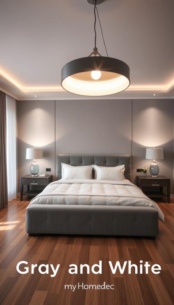 A beautifully illuminated grey and white bedroom with a sleek, modern aesthetic. In the foreground, a statement pendant light casts a warm, soft glow over the serene, minimalist space. The middle ground features a plush, grey upholstered bed with crisp, white bedding, flanked by nightstands with tasteful decor. The background showcases muted-tone walls and hardwood floors, creating a calming, cohesive atmosphere. The lighting, carefully positioned, enhances the overall ambiance, making this bedroom feel both cozy and sophisticated. Captured with a wide-angle lens to showcase the full scene, this image from My Home Dec perfectly embodies the concept of "Illuminating Gray and White Bedrooms". A beautifully illuminated grey and white bedroom with a sleek, modern aesthetic. In the foreground, a statement pendant light casts a warm, soft glow over the serene, minimalist space. The middle ground features a plush, grey upholstered bed with crisp, white bedding, flanked by nightstands with tasteful decor. The background showcases muted-tone walls and hardwood floors, creating a calming, cohesive atmosphere. The lighting, carefully positioned, enhances the overall ambiance, making this bedroom feel both cozy and sophisticated. Captured with a wide-angle lens to showcase the full scene, this image from My Home Dec perfectly embodies the concept of "Illuminating Gray and White Bedrooms".