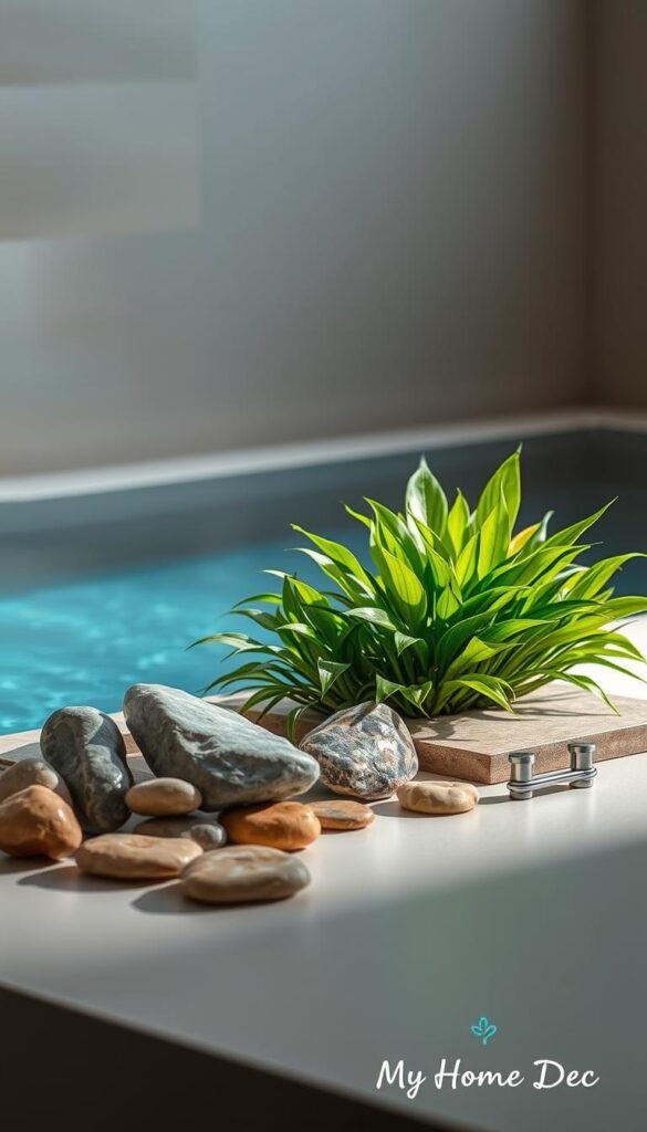 A beautifully lit still life composition showcasing a collection of materials suitable for a plunge pool, positioned on a sleek, modern surface. In the foreground, smooth river rocks, natural stone tiles, and stainless steel hardware gleam under soft, directional lighting. In the middle ground, a selection of lush, verdant aquatic plants add a touch of organic harmony. In the background, a subtle, blurred gradient seamlessly transitions into a minimalist, neutral-toned wall, creating a sense of depth and sophistication. This image, captured by the "My Home Dec" brand, reflects the high-quality, nature-inspired materials that would be ideal for a small-yard plunge pool design. A beautifully lit still life composition showcasing a collection of materials suitable for a plunge pool, positioned on a sleek, modern surface. In the foreground, smooth river rocks, natural stone tiles, and stainless steel hardware gleam under soft, directional lighting. In the middle ground, a selection of lush, verdant aquatic plants add a touch of organic harmony. In the background, a subtle, blurred gradient seamlessly transitions into a minimalist, neutral-toned wall, creating a sense of depth and sophistication. This image, captured by the "My Home Dec" brand, reflects the high-quality, nature-inspired materials that would be ideal for a small-yard plunge pool design.
