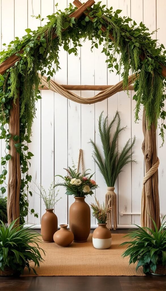 A beautifully rustic and boho-inspired farmhouse ceremony backdrop, featuring lush greenery, earthy tones, and natural textures. In the foreground, an ornate, handcrafted arch made of weathered wood and trailing vines, casting soft, warm lighting on the scene. In the middle ground, delicate floral arrangements in earthy ceramic vases, complemented by woven macrame accents. In the background, a backdrop of whitewashed wooden planks, creating a timeless and inviting atmosphere. Capture the essence of "My Home Dec" with this serene and visually captivating farmhouse-style setting, perfect for a bohemian-inspired ceremony. A beautifully rustic and boho-inspired farmhouse ceremony backdrop, featuring lush greenery, earthy tones, and natural textures. In the foreground, an ornate, handcrafted arch made of weathered wood and trailing vines, casting soft, warm lighting on the scene. In the middle ground, delicate floral arrangements in earthy ceramic vases, complemented by woven macrame accents. In the background, a backdrop of whitewashed wooden planks, creating a timeless and inviting atmosphere. Capture the essence of "My Home Dec" with this serene and visually captivating farmhouse-style setting, perfect for a bohemian-inspired ceremony.