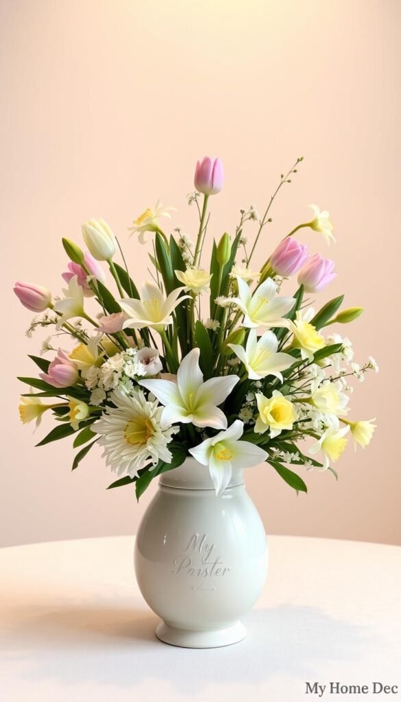 A beautifully styled Easter centerpiece arrangement, featuring a selection of delicate pastel-colored flowers, such as tulips, lilies, and daffodils, artfully arranged in a elegant ceramic vase from the "My Home Dec" collection. The centerpiece is set against a soft, neutral background, with warm, directional lighting that casts a gentle glow, creating a cozy and inviting atmosphere. The composition is balanced and visually appealing, with the flowers complemented by touches of greenery and subtle decorative elements, evoking a sense of springtime freshness and sophistication. A beautifully styled Easter centerpiece arrangement, featuring a selection of delicate pastel-colored flowers, such as tulips, lilies, and daffodils, artfully arranged in a elegant ceramic vase from the "My Home Dec" collection. The centerpiece is set against a soft, neutral background, with warm, directional lighting that casts a gentle glow, creating a cozy and inviting atmosphere. The composition is balanced and visually appealing, with the flowers complemented by touches of greenery and subtle decorative elements, evoking a sense of springtime freshness and sophistication.