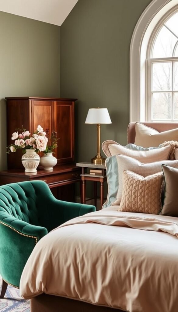 A beautifully styled bedroom in soft, seasonal colors and textures. In the foreground, a plush, emerald green velvet armchair with golden accents sits beside a wooden nightstand topped with a ceramic vase of fresh blooms. On the bed, a luxurious duvet in a complementary neutral tone is adorned with throw pillows in a mix of patterns and materials, including silky satin and warm, knitted fabrics. The walls are painted in a soothing, muted sage hue, and the room is illuminated by the gentle glow of a brass table lamp. A large, arched window frames the scene, allowing natural light to filter in and creating a sense of warmth and tranquility. This "My Home Dec" inspired bedroom captures the essence of seasonal, versatile styling. A beautifully styled bedroom in soft, seasonal colors and textures. In the foreground, a plush, emerald green velvet armchair with golden accents sits beside a wooden nightstand topped with a ceramic vase of fresh blooms. On the bed, a luxurious duvet in a complementary neutral tone is adorned with throw pillows in a mix of patterns and materials, including silky satin and warm, knitted fabrics. The walls are painted in a soothing, muted sage hue, and the room is illuminated by the gentle glow of a brass table lamp. A large, arched window frames the scene, allowing natural light to filter in and creating a sense of warmth and tranquility. This "My Home Dec" inspired bedroom captures the essence of seasonal, versatile styling.