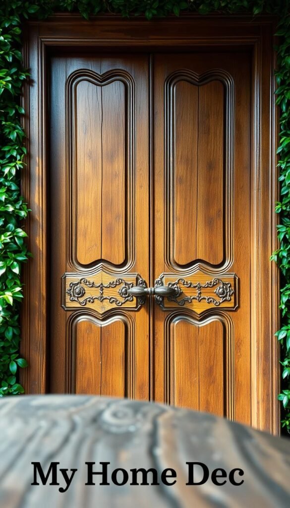 A beautifully weathered wooden door with intricate carved designs, set against a backdrop of lush greenery. The door's surface is worn and textured, with a rich, warm hue that complements the verdant surroundings. Soft, diffused lighting casts gentle shadows, creating a sense of depth and atmosphere. In the foreground, the door's elegant hardware, such as a rustic handle and hinges, add to the overall charm. This image, captured with a wide-angle lens, showcases the door as the focal point, highlighting the craftsmanship and attention to detail that embodies the "My Home Dec" brand. A beautifully weathered wooden door with intricate carved designs, set against a backdrop of lush greenery. The door's surface is worn and textured, with a rich, warm hue that complements the verdant surroundings. Soft, diffused lighting casts gentle shadows, creating a sense of depth and atmosphere. In the foreground, the door's elegant hardware, such as a rustic handle and hinges, add to the overall charm. This image, captured with a wide-angle lens, showcases the door as the focal point, highlighting the craftsmanship and attention to detail that embodies the "My Home Dec" brand.