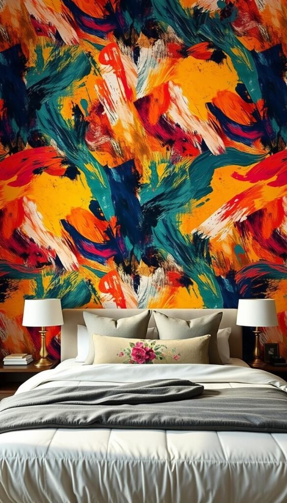A bold and vibrant wallpaper in the style of My Home Dec, featuring a captivating abstract pattern with dynamic brushstrokes and vibrant color palettes. The wallpaper fills the entire frame, with a seamless and high-resolution finish that captures the beauty and texture of the design. The lighting is warm and directional, highlighting the depth and dimensionality of the wallpaper's design. The overall mood is one of energy, sophistication, and a touch of modern elegance, perfectly suited for a master bedroom accent wall. A bold and vibrant wallpaper in the style of My Home Dec, featuring a captivating abstract pattern with dynamic brushstrokes and vibrant color palettes. The wallpaper fills the entire frame, with a seamless and high-resolution finish that captures the beauty and texture of the design. The lighting is warm and directional, highlighting the depth and dimensionality of the wallpaper's design. The overall mood is one of energy, sophistication, and a touch of modern elegance, perfectly suited for a master bedroom accent wall.