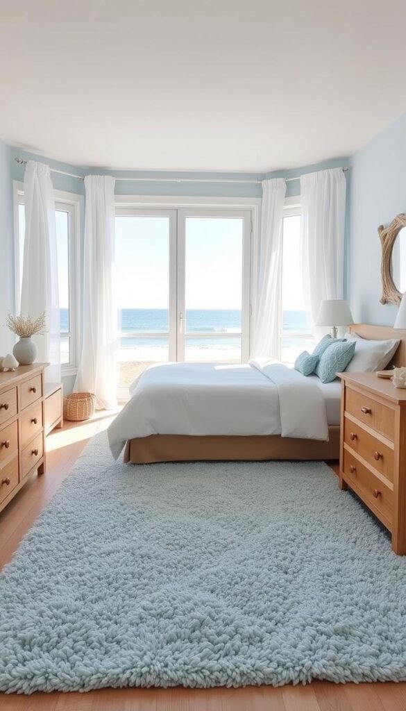 A bright, airy coastal-inspired light blue bedroom with natural oak furniture and soft, billowing white curtains. The room is flooded with natural sunlight filtering through large windows overlooking a picturesque ocean view. A plush, textured light blue area rug underfoot, complemented by a matching duvet cover and decorative throw pillows. Delicate seashell accents and a driftwood-framed mirror on the wall. The overall atmosphere is serene, calming, and evocative of a peaceful seaside retreat. Captured with a wide-angle lens to emphasize the spacious, open feel. My Home Dec A bright, airy coastal-inspired light blue bedroom with natural oak furniture and soft, billowing white curtains. The room is flooded with natural sunlight filtering through large windows overlooking a picturesque ocean view. A plush, textured light blue area rug underfoot, complemented by a matching duvet cover and decorative throw pillows. Delicate seashell accents and a driftwood-framed mirror on the wall. The overall atmosphere is serene, calming, and evocative of a peaceful seaside retreat. Captured with a wide-angle lens to emphasize the spacious, open feel. My Home Dec