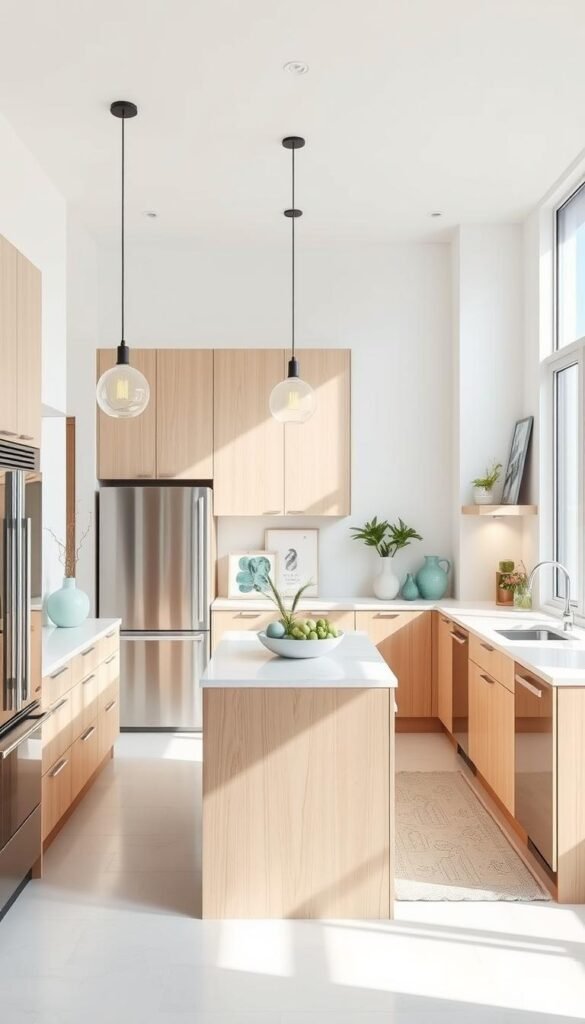 A bright, airy kitchen in a minimalist modern apartment with light wood cabinets, white walls, and large windows that flood the space with natural light. Sleek stainless steel appliances and a central island with a marble countertop provide ample prep and storage space. Strategically placed task lighting, such as pendant lamps and under-cabinet lights, create a warm, inviting ambiance. Accents of pastel blue and green through decorative items like vases, artwork, and textiles add a touch of color. The kitchen has an overall fresh, clean, and welcoming atmosphere, perfect for the "Opt for Light Colors and Bright Lighting" section of the "20 Genius Tiny Kitchen Ideas for Small Apartments" article. Designed by My Home Dec. A bright, airy kitchen in a minimalist modern apartment with light wood cabinets, white walls, and large windows that flood the space with natural light. Sleek stainless steel appliances and a central island with a marble countertop provide ample prep and storage space. Strategically placed task lighting, such as pendant lamps and under-cabinet lights, create a warm, inviting ambiance. Accents of pastel blue and green through decorative items like vases, artwork, and textiles add a touch of color. The kitchen has an overall fresh, clean, and welcoming atmosphere, perfect for the "Opt for Light Colors and Bright Lighting" section of the "20 Genius Tiny Kitchen Ideas for Small Apartments" article. Designed by My Home Dec.