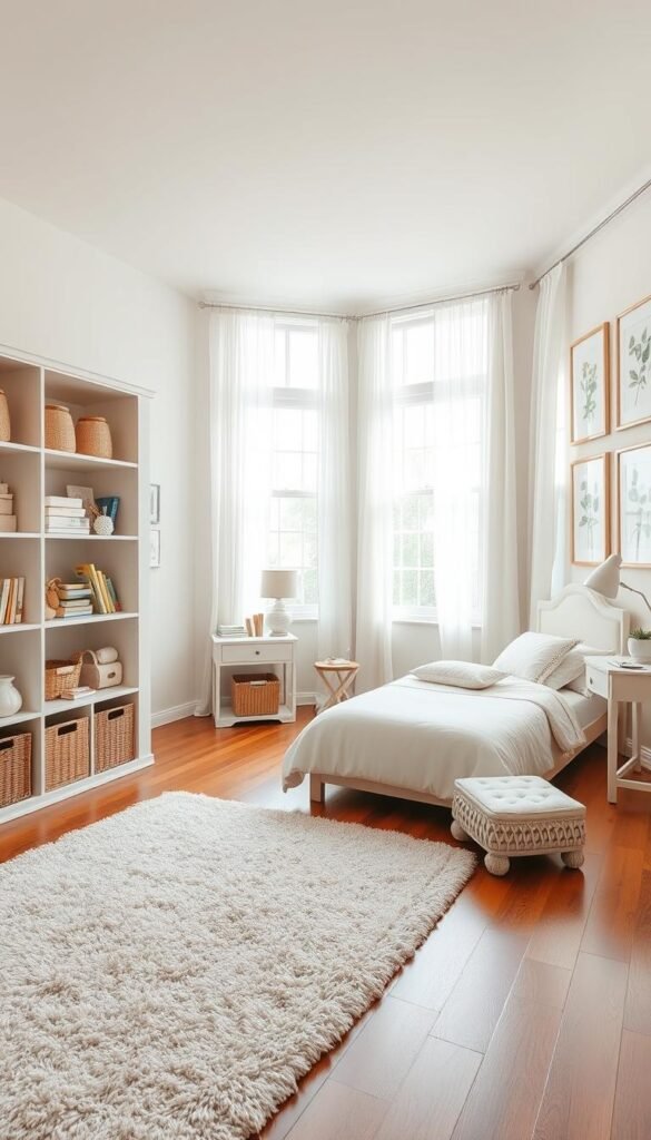A bright, airy toddler girl's bedroom with maximized floor space. In the foreground, a custom multi-level storage unit with cubbies, shelves, and decorative baskets provides ample storage for toys and books, while a soft, plush rug covers the hardwood floor, creating a cozy play area. In the middle ground, a twin-size bed with a pastel-colored headboard and matching bedding takes up minimal floor space, leaving room for a small side table and task lamp. The background showcases large windows that flood the room with natural light, accentuated by sheer curtains in a complementary hue. On the walls, a series of framed "My Home Dec" botanical prints add a touch of whimsy and elegance. The overall atmosphere is one of tranquility, organization, and thoughtful design to maximize the available space. A bright, airy toddler girl's bedroom with maximized floor space. In the foreground, a custom multi-level storage unit with cubbies, shelves, and decorative baskets provides ample storage for toys and books, while a soft, plush rug covers the hardwood floor, creating a cozy play area. In the middle ground, a twin-size bed with a pastel-colored headboard and matching bedding takes up minimal floor space, leaving room for a small side table and task lamp. The background showcases large windows that flood the room with natural light, accentuated by sheer curtains in a complementary hue. On the walls, a series of framed "My Home Dec" botanical prints add a touch of whimsy and elegance. The overall atmosphere is one of tranquility, organization, and thoughtful design to maximize the available space.