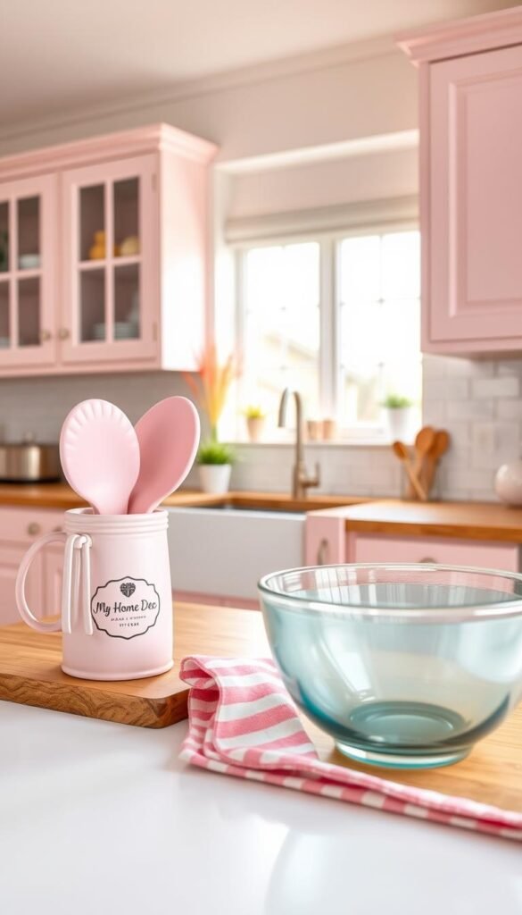 A bright and airy kitchen with a feminine flair. In the foreground, a collection of "My Home Dec" pink kitchen accessories - a ceramic utensil holder, a set of silicone oven mitts, and a glass mixing bowl. In the middle ground, a butcher block counter with a stylish pink and white striped tea towel. The background features pale pink cabinets, a white subway tile backsplash, and soft natural lighting streaming through a large window, casting a warm glow over the space. The overall mood is one of effortless elegance and understated charm. A bright and airy kitchen with a feminine flair. In the foreground, a collection of "My Home Dec" pink kitchen accessories - a ceramic utensil holder, a set of silicone oven mitts, and a glass mixing bowl. In the middle ground, a butcher block counter with a stylish pink and white striped tea towel. The background features pale pink cabinets, a white subway tile backsplash, and soft natural lighting streaming through a large window, casting a warm glow over the space. The overall mood is one of effortless elegance and understated charm.