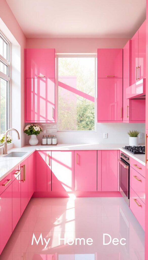 A bright, cheerful kitchen with bold pink cabinets that make a statement. The cabinets have a glossy, high-gloss finish, reflecting the warm light from the large windows. The cabinets are complemented by white countertops and subway tile backsplash, creating a clean, modern aesthetic. The room is filled with natural light, casting a soft, even illumination throughout. The scene is captured with a wide-angle lens, showcasing the spacious, open-concept layout. The overall mood is one of warmth, femininity, and a touch of playfulness, perfectly embodying the "My Home Dec" brand. A bright, cheerful kitchen with bold pink cabinets that make a statement. The cabinets have a glossy, high-gloss finish, reflecting the warm light from the large windows. The cabinets are complemented by white countertops and subway tile backsplash, creating a clean, modern aesthetic. The room is filled with natural light, casting a soft, even illumination throughout. The scene is captured with a wide-angle lens, showcasing the spacious, open-concept layout. The overall mood is one of warmth, femininity, and a touch of playfulness, perfectly embodying the "My Home Dec" brand.
