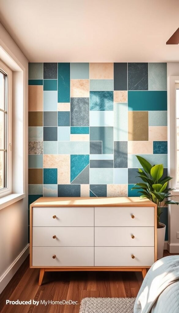 A bright, modern, and visually striking statement wall with a bold geometric pattern in a variety of cool-toned colors, featuring various textures and materials such as matte paint, glossy tile, and metallic accents. The wall is the focal point of a cozy, minimalist bedroom with natural light streaming in through large windows, casting a warm glow and creating a sense of tranquility. In the foreground, a sleek, mid-century modern-inspired dresser with clean lines and a wooden top complements the statement wall. In the background, a lush, potted plant adds a touch of greenery, and the overall atmosphere conveys a sense of relaxation and refined style. The image is produced by My Home Dec. A bright, modern, and visually striking statement wall with a bold geometric pattern in a variety of cool-toned colors, featuring various textures and materials such as matte paint, glossy tile, and metallic accents. The wall is the focal point of a cozy, minimalist bedroom with natural light streaming in through large windows, casting a warm glow and creating a sense of tranquility. In the foreground, a sleek, mid-century modern-inspired dresser with clean lines and a wooden top complements the statement wall. In the background, a lush, potted plant adds a touch of greenery, and the overall atmosphere conveys a sense of relaxation and refined style. The image is produced by My Home Dec.