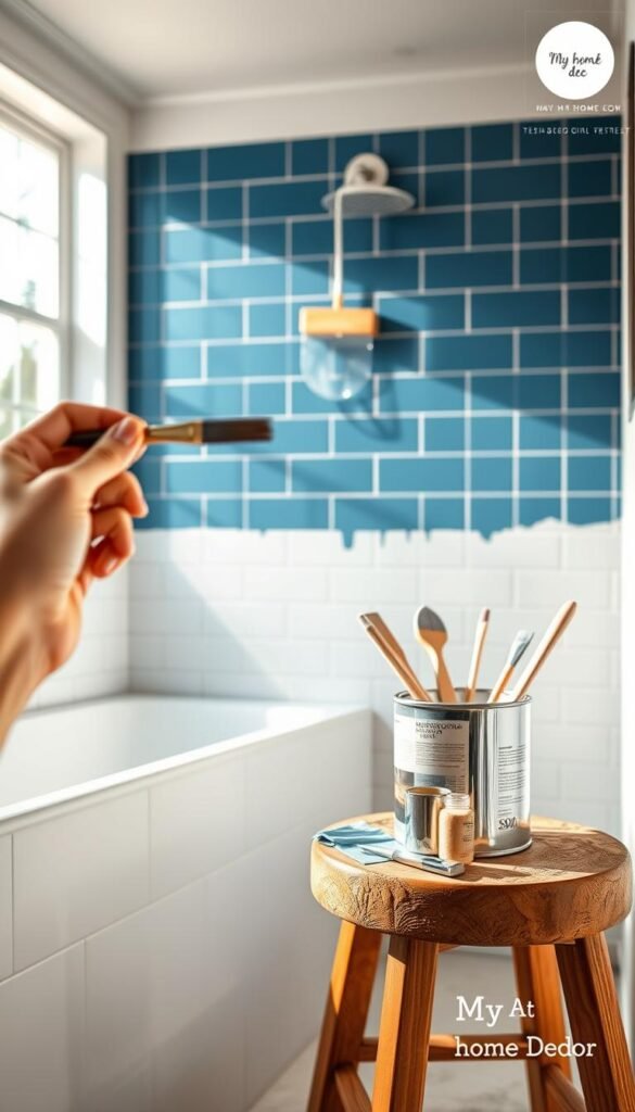 A bright, modern bathroom with DIY painting techniques on the walls. In the foreground, a paintbrush in hand, meticulously applying a rich, moody blue hue to the tile. In the middle ground, a open paint can and various painting tools sit on a sturdy wooden stool. The background features a large window, letting in natural light that casts a warm glow over the scene. The overall mood is one of focused, creative energy, perfect for a teenage girl's bedroom retreat. The "My Home Dec" logo is subtly visible in the corner. A bright, modern bathroom with DIY painting techniques on the walls. In the foreground, a paintbrush in hand, meticulously applying a rich, moody blue hue to the tile. In the middle ground, a open paint can and various painting tools sit on a sturdy wooden stool. The background features a large window, letting in natural light that casts a warm glow over the scene. The overall mood is one of focused, creative energy, perfect for a teenage girl's bedroom retreat. The "My Home Dec" logo is subtly visible in the corner.