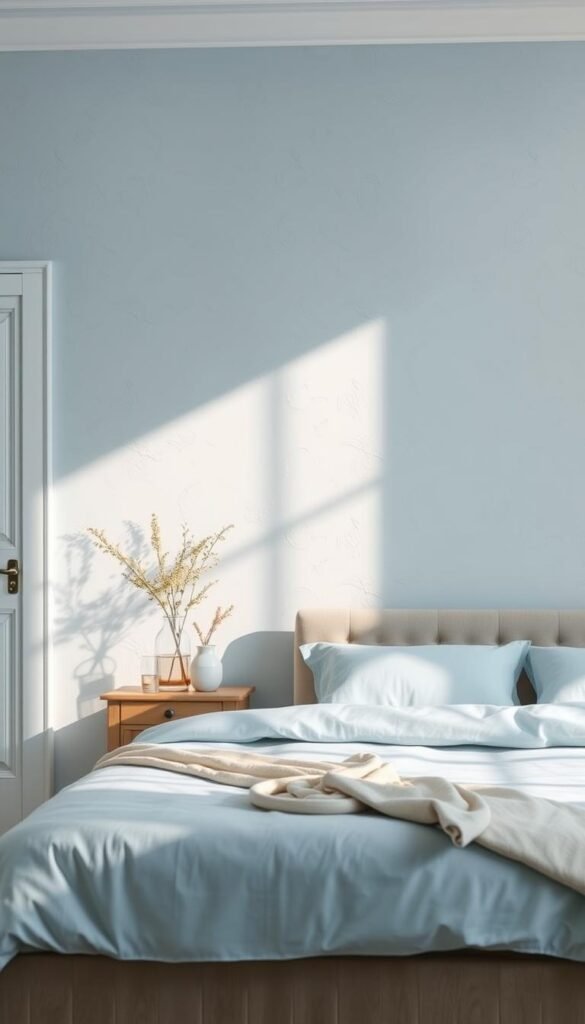 A bright, soft blue bedroom with light blue wall treatments and techniques. A serene, calming scene with delicate, textured wallcoverings in various soothing shades of light blue. Subtle, natural lighting creates a warm, welcoming atmosphere, highlighting the tactile quality of the wall finishes. The room has a tranquil, harmonious feel, perfect for relaxation. In the foreground, a My Home Dec signature wall display with tasteful décor elements. Minimalist, refined design showcases the beauty of the light blue hues. A bright, soft blue bedroom with light blue wall treatments and techniques. A serene, calming scene with delicate, textured wallcoverings in various soothing shades of light blue. Subtle, natural lighting creates a warm, welcoming atmosphere, highlighting the tactile quality of the wall finishes. The room has a tranquil, harmonious feel, perfect for relaxation. In the foreground, a My Home Dec signature wall display with tasteful décor elements. Minimalist, refined design showcases the beauty of the light blue hues.