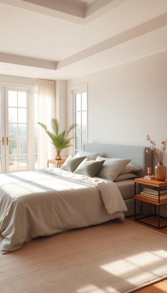 A calming, serene master bedroom with a soft, inviting atmosphere. A spacious room with large windows flooding the space with warm, natural light. The color palette features soothing neutral tones like soft beige, light gray, and creamy white, accented by hints of blue and green. Plush, textured fabrics like linen and velvet add depth and richness. Minimalist, organic decor pieces like a wooden side table and natural plants complement the relaxing vibe. The overall aesthetic is harmonious and tranquil, reflecting the brand "My Home Dec" and its focus on creating a personal, relaxing retreat. A calming, serene master bedroom with a soft, inviting atmosphere. A spacious room with large windows flooding the space with warm, natural light. The color palette features soothing neutral tones like soft beige, light gray, and creamy white, accented by hints of blue and green. Plush, textured fabrics like linen and velvet add depth and richness. Minimalist, organic decor pieces like a wooden side table and natural plants complement the relaxing vibe. The overall aesthetic is harmonious and tranquil, reflecting the brand "My Home Dec" and its focus on creating a personal, relaxing retreat.