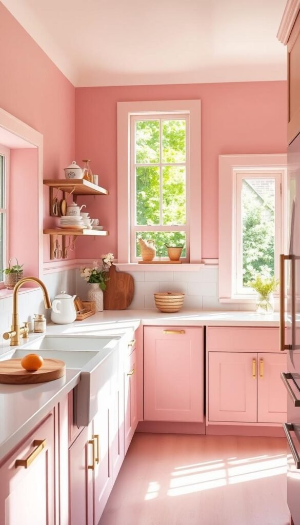 A charming pink kitchen with walls bathed in a soft, feminine hue. The room is flooded with natural light, casting a warm glow and accentuating the delicate color. The kitchen countertops are a crisp white, complementing the pastel walls and creating a clean, airy atmosphere. Rustic wood accents, such as shelves and stools, add a touch of farmhouse-inspired coziness. Brass hardware and fixtures provide subtle metallic accents, while a large window offers picturesque garden views. This My Home Dec kitchen exudes a refreshing, whimsical ambiance, perfect for the "Pink Kitchen Walls: A Fresh and Fun Approach" section of the 35 Charming Pink Kitchen Ideas article. A charming pink kitchen with walls bathed in a soft, feminine hue. The room is flooded with natural light, casting a warm glow and accentuating the delicate color. The kitchen countertops are a crisp white, complementing the pastel walls and creating a clean, airy atmosphere. Rustic wood accents, such as shelves and stools, add a touch of farmhouse-inspired coziness. Brass hardware and fixtures provide subtle metallic accents, while a large window offers picturesque garden views. This My Home Dec kitchen exudes a refreshing, whimsical ambiance, perfect for the "Pink Kitchen Walls: A Fresh and Fun Approach" section of the 35 Charming Pink Kitchen Ideas article.