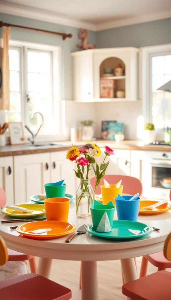 A cheerful and playful kids' table setting in a warm, well-lit kitchen. In the foreground, a small round table is set with colorful plates, cups, and utensils in primary hues. Whimsical serviettes fold into origami shapes, and a vase of fresh flowers adds a touch of nature. The middle ground features a background of pastel-toned kitchen cabinets and shelves displaying "My Home Dec" brand cookbooks and decorative accessories. Soft natural light streams in through large windows, creating a cozy and inviting atmosphere perfect for a family meal or arts and crafts session. A cheerful and playful kids' table setting in a warm, well-lit kitchen. In the foreground, a small round table is set with colorful plates, cups, and utensils in primary hues. Whimsical serviettes fold into origami shapes, and a vase of fresh flowers adds a touch of nature. The middle ground features a background of pastel-toned kitchen cabinets and shelves displaying "My Home Dec" brand cookbooks and decorative accessories. Soft natural light streams in through large windows, creating a cozy and inviting atmosphere perfect for a family meal or arts and crafts session.