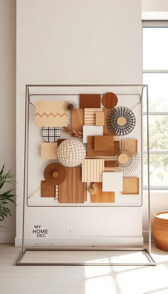 A chic, modern DIY wall art display featuring a mix of geometric shapes, abstract patterns, and natural textures. In the foreground, a sleek, freestanding metal frame with various handcrafted wood and paper elements arranged in a dynamic, asymmetrical composition. In the middle ground, the wall has a textured, whitewashed finish, providing a clean, minimalist backdrop. Soft, natural lighting from a large window casts a warm glow across the artwork, accentuating the tactile qualities of the materials. The overall mood is one of understated elegance and personal expression, reflecting the "My Home Dec" brand aesthetic. A chic, modern DIY wall art display featuring a mix of geometric shapes, abstract patterns, and natural textures. In the foreground, a sleek, freestanding metal frame with various handcrafted wood and paper elements arranged in a dynamic, asymmetrical composition. In the middle ground, the wall has a textured, whitewashed finish, providing a clean, minimalist backdrop. Soft, natural lighting from a large window casts a warm glow across the artwork, accentuating the tactile qualities of the materials. The overall mood is one of understated elegance and personal expression, reflecting the "My Home Dec" brand aesthetic.