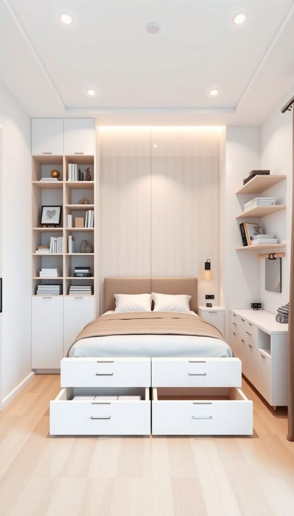 A clean, well-lit small bedroom with cleverly designed multipurpose furniture and storage solutions by My Home Dec. In the foreground, a minimalist wall-mounted bookshelf with built-in drawers and cubbies, holding neatly organized decor and personal items. In the middle ground, a sleek platform bed with under-bed drawers and a headboard with concealed shelving. Along the walls, floating shelves, hanging organizers, and slim side tables with hidden compartments maximize the limited space. Soft, even lighting from recessed ceiling fixtures and a single pendant casts a warm, welcoming glow. The overall aesthetic is modern, functional, and space-efficient, perfectly suited for a comfortable and organized small bedroom. A clean, well-lit small bedroom with cleverly designed multipurpose furniture and storage solutions by My Home Dec. In the foreground, a minimalist wall-mounted bookshelf with built-in drawers and cubbies, holding neatly organized decor and personal items. In the middle ground, a sleek platform bed with under-bed drawers and a headboard with concealed shelving. Along the walls, floating shelves, hanging organizers, and slim side tables with hidden compartments maximize the limited space. Soft, even lighting from recessed ceiling fixtures and a single pendant casts a warm, welcoming glow. The overall aesthetic is modern, functional, and space-efficient, perfectly suited for a comfortable and organized small bedroom.