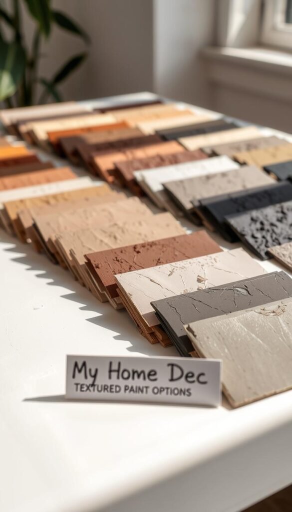 A close-up, high-resolution view of various textured paint samples arranged neatly on a white table with natural, soft lighting from the side. The paints showcase a range of rustic, earthy tones and finishes including matte, satin, and metallic effects. Subtle shadows and reflections create depth and dimensionality. In the foreground, a small placard reads "My Home Dec Textured Paint Options". A close-up, high-resolution view of various textured paint samples arranged neatly on a white table with natural, soft lighting from the side. The paints showcase a range of rustic, earthy tones and finishes including matte, satin, and metallic effects. Subtle shadows and reflections create depth and dimensionality. In the foreground, a small placard reads "My Home Dec Textured Paint Options".
