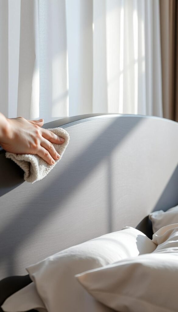 A close-up shot of a dark grey, wooded headboard being meticulously cleaned with a soft microfiber cloth in a well-lit bedroom. The headboard has a smooth, matte finish that catches the gentle rays of natural light filtering in through sheer curtains. Subtle shadows accentuate the textured grain, creating a calming, serene atmosphere. The cleaning motion is delicate yet thorough, ensuring the headboard maintains its elegant, "My Home Dec" appearance. The overall scene conveys a sense of mindful, effortless maintenance for this charcoal-toned bedroom centerpiece. A close-up shot of a dark grey, wooded headboard being meticulously cleaned with a soft microfiber cloth in a well-lit bedroom. The headboard has a smooth, matte finish that catches the gentle rays of natural light filtering in through sheer curtains. Subtle shadows accentuate the textured grain, creating a calming, serene atmosphere. The cleaning motion is delicate yet thorough, ensuring the headboard maintains its elegant, "My Home Dec" appearance. The overall scene conveys a sense of mindful, effortless maintenance for this charcoal-toned bedroom centerpiece.
