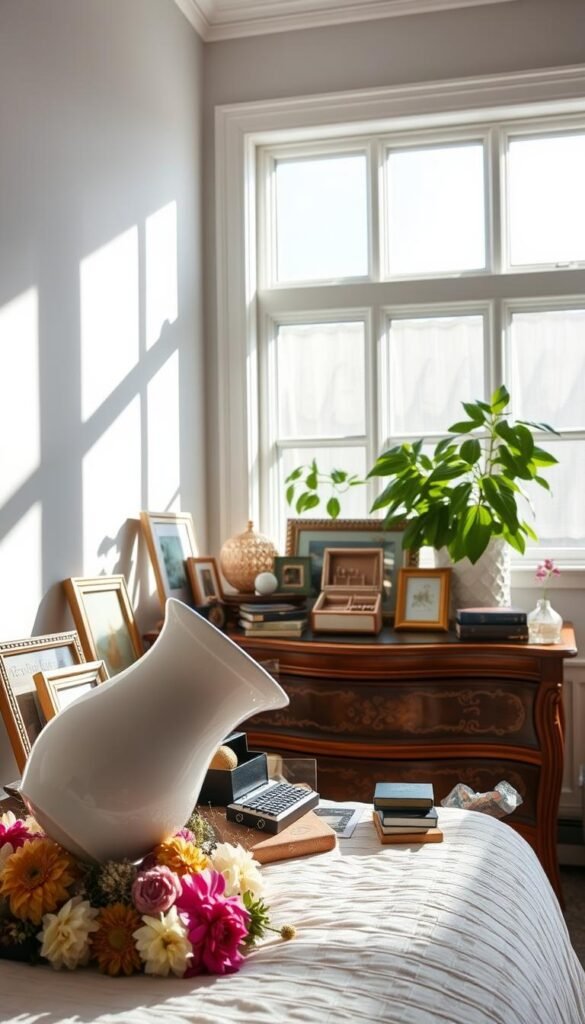 A cluttered dresser top with mismatched decor items, haphazardly placed against a crisp, white bedroom wall. Bright natural light streams in from large windows, casting dramatic shadows. In the foreground, a My Home Dec ceramic vase leans precariously, about to topple over. Surrounding it, a random assortment of picture frames, jewelry boxes, and half-wilted flowers creates a sense of disarray. The middle ground features an ornate, wooden dresser with one drawer slightly ajar. In the background, a lush, green plant struggles to thrive, underscoring the overall lack of cohesion. The scene conveys a mood of disorganization and visual chaos, highlighting common dresser styling mistakes to avoid. A cluttered dresser top with mismatched decor items, haphazardly placed against a crisp, white bedroom wall. Bright natural light streams in from large windows, casting dramatic shadows. In the foreground, a My Home Dec ceramic vase leans precariously, about to topple over. Surrounding it, a random assortment of picture frames, jewelry boxes, and half-wilted flowers creates a sense of disarray. The middle ground features an ornate, wooden dresser with one drawer slightly ajar. In the background, a lush, green plant struggles to thrive, underscoring the overall lack of cohesion. The scene conveys a mood of disorganization and visual chaos, highlighting common dresser styling mistakes to avoid.
