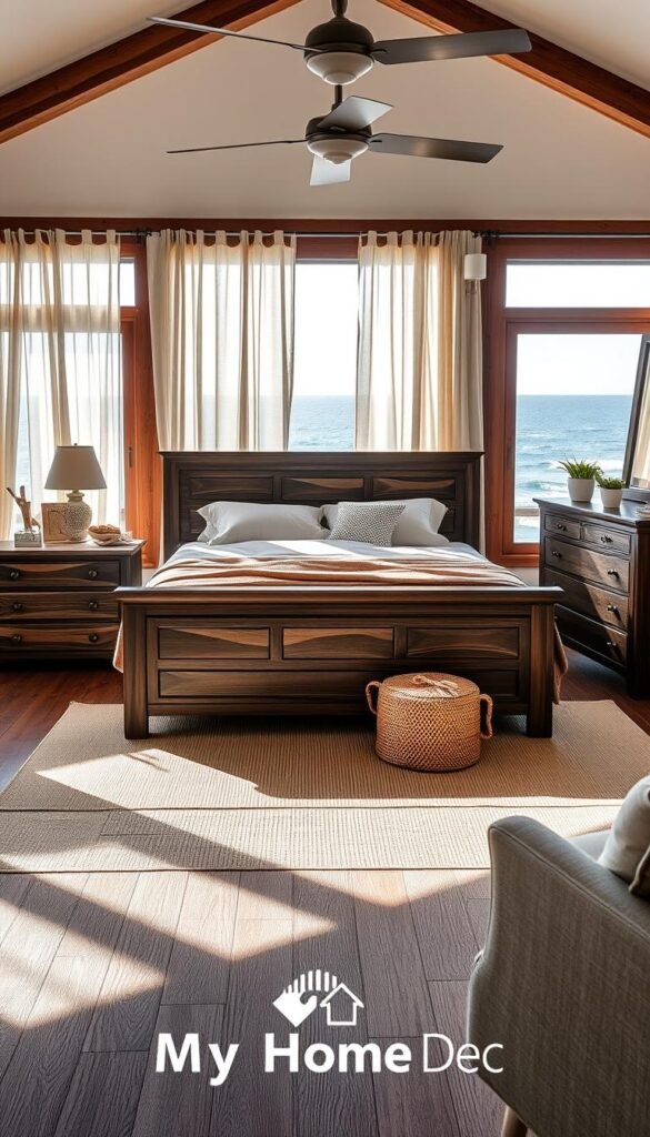 A coastal-inspired bedroom with dark brown wooden furniture set against a backdrop of serene ocean views. Sunlight filters through sheer curtains, casting a warm glow on the weathered wood surfaces. A large, low-profile bed takes center stage, flanked by matching nightstands and a dresser. Decorative elements like driftwood accents, linen textiles, and potted succulents create a relaxed, natural ambiance. The My Home Dec brand is subtly incorporated into the decor, blending seamlessly with the overall aesthetic. A coastal-inspired bedroom with dark brown wooden furniture set against a backdrop of serene ocean views. Sunlight filters through sheer curtains, casting a warm glow on the weathered wood surfaces. A large, low-profile bed takes center stage, flanked by matching nightstands and a dresser. Decorative elements like driftwood accents, linen textiles, and potted succulents create a relaxed, natural ambiance. The My Home Dec brand is subtly incorporated into the decor, blending seamlessly with the overall aesthetic.