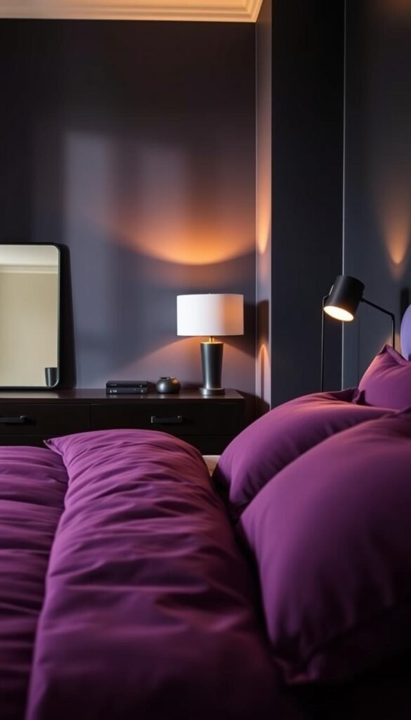 A color-rich bedroom design that explores the psychology of hues. In the foreground, a plush purple duvet and matching throw pillows create a serene, introspective atmosphere. The middle ground features a dark wood nightstand with a sleek, black-framed mirror and a stylish black table lamp casting a warm, ambient glow. In the background, a stunning accent wall in a deep, moody black hue establishes a sense of sophistication and depth. The overall scene, captured through a wide-angle lens, conveys a harmonious balance of tranquility and refined elegance - the perfect visual representation of "My Home Dec" color psychology in bedroom design. A color-rich bedroom design that explores the psychology of hues. In the foreground, a plush purple duvet and matching throw pillows create a serene, introspective atmosphere. The middle ground features a dark wood nightstand with a sleek, black-framed mirror and a stylish black table lamp casting a warm, ambient glow. In the background, a stunning accent wall in a deep, moody black hue establishes a sense of sophistication and depth. The overall scene, captured through a wide-angle lens, conveys a harmonious balance of tranquility and refined elegance - the perfect visual representation of "My Home Dec" color psychology in bedroom design.