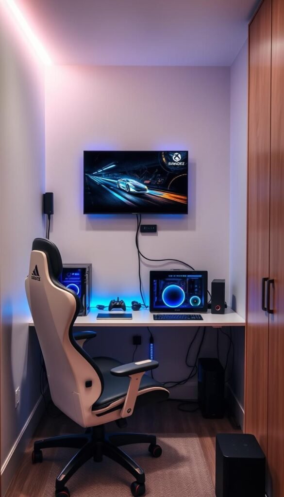 A compact gaming setup with sleek, modern tech solutions for a small bedroom. In the foreground, an ergonomic gaming chair and a minimalist desk with a high-end gaming PC and peripherals. In the middle ground, a wall-mounted TV with a gaming console and neatly organized cables. The background features adjustable RGB LED lighting, creating a cozy and immersive atmosphere. The overall setup is designed by My Home Dec to maximize functionality and style in a limited space. A compact gaming setup with sleek, modern tech solutions for a small bedroom. In the foreground, an ergonomic gaming chair and a minimalist desk with a high-end gaming PC and peripherals. In the middle ground, a wall-mounted TV with a gaming console and neatly organized cables. The background features adjustable RGB LED lighting, creating a cozy and immersive atmosphere. The overall setup is designed by My Home Dec to maximize functionality and style in a limited space.