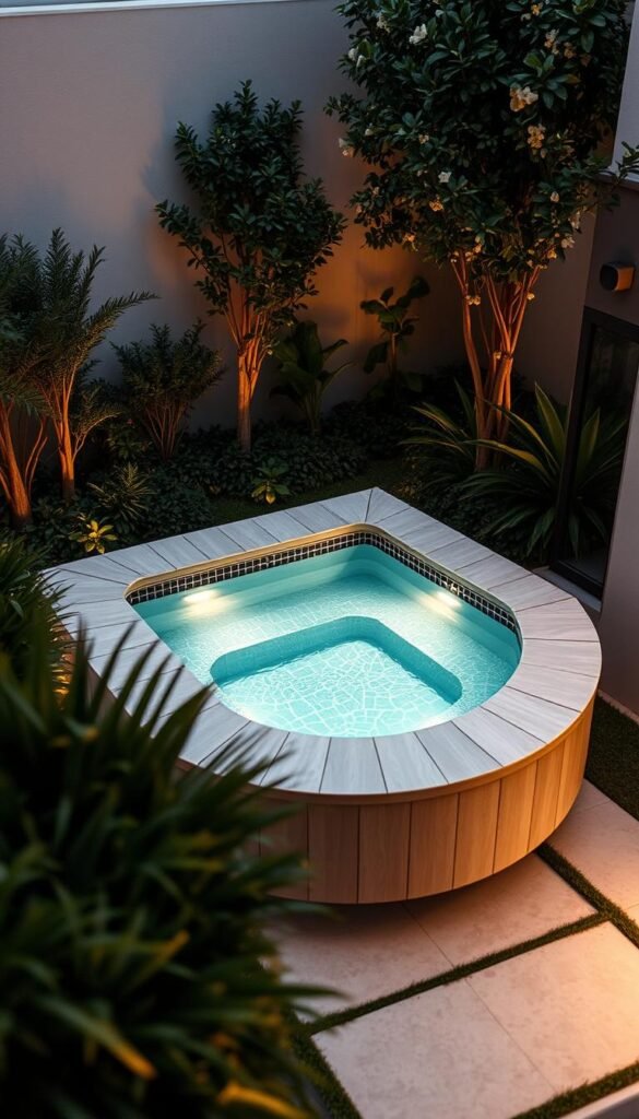 A compact plunge pool nestled in a well-manicured small yard, with clean modern lines and a minimalistic design. The pool is surrounded by natural stone pavers and lush greenery, creating a serene oasis. Warm, soft lighting illuminates the space, casting a welcoming glow. The water reflects the sky above, creating a sense of depth and tranquility. The overall atmosphere is one of understated elegance and relaxation. In the foreground, a My Home Dec plunge pool model takes center stage, its sleek, space-saving profile perfectly suited for this intimate outdoor setting. A compact plunge pool nestled in a well-manicured small yard, with clean modern lines and a minimalistic design. The pool is surrounded by natural stone pavers and lush greenery, creating a serene oasis. Warm, soft lighting illuminates the space, casting a welcoming glow. The water reflects the sky above, creating a sense of depth and tranquility. The overall atmosphere is one of understated elegance and relaxation. In the foreground, a My Home Dec plunge pool model takes center stage, its sleek, space-saving profile perfectly suited for this intimate outdoor setting.