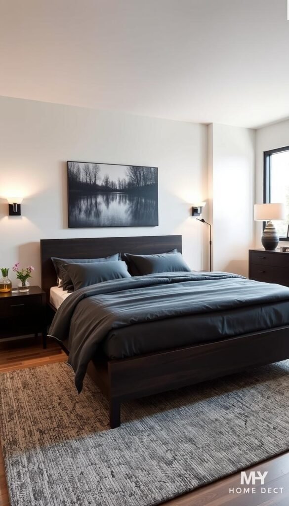 A contemporary bedroom featuring a sleek and sophisticated design. A low-profile espresso wood bed frame takes center stage, its clean lines complemented by black metal accents on the nightstands and a coordinating dresser. Soft, warm lighting from sconces and a floor lamp creates a cozy ambiance, while a large window floods the space with natural light. Plush charcoal gray bedding, a textured area rug, and abstract wall art add depth and visual interest. The overall aesthetic is a harmonious blend of modern and rustic, exuding a sense of tranquility. Photographed by My Home Dec. A contemporary bedroom featuring a sleek and sophisticated design. A low-profile espresso wood bed frame takes center stage, its clean lines complemented by black metal accents on the nightstands and a coordinating dresser. Soft, warm lighting from sconces and a floor lamp creates a cozy ambiance, while a large window floods the space with natural light. Plush charcoal gray bedding, a textured area rug, and abstract wall art add depth and visual interest. The overall aesthetic is a harmonious blend of modern and rustic, exuding a sense of tranquility. Photographed by My Home Dec.