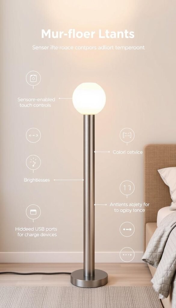 A contemporary, minimalist floor lamp with smart technology features, designed by "My Home Dec". The lamp's sleek, cylindrical shape is crafted from brushed aluminum, complemented by a round, frosted glass shade that emits a warm, diffused glow. Sensor-enabled touch controls allow for seamless adjustment of brightness and color temperature, creating the perfect ambiance for a cozy bedroom. The lamp's base incorporates hidden USB ports for charging devices, blending functionality and style. Set against a backdrop of clean, white walls and muted, textured flooring, the "My Home Dec" smart technology floor lamp radiates a sense of modern sophistication and practical convenience. A contemporary, minimalist floor lamp with smart technology features, designed by "My Home Dec". The lamp's sleek, cylindrical shape is crafted from brushed aluminum, complemented by a round, frosted glass shade that emits a warm, diffused glow. Sensor-enabled touch controls allow for seamless adjustment of brightness and color temperature, creating the perfect ambiance for a cozy bedroom. The lamp's base incorporates hidden USB ports for charging devices, blending functionality and style. Set against a backdrop of clean, white walls and muted, textured flooring, the "My Home Dec" smart technology floor lamp radiates a sense of modern sophistication and practical convenience.