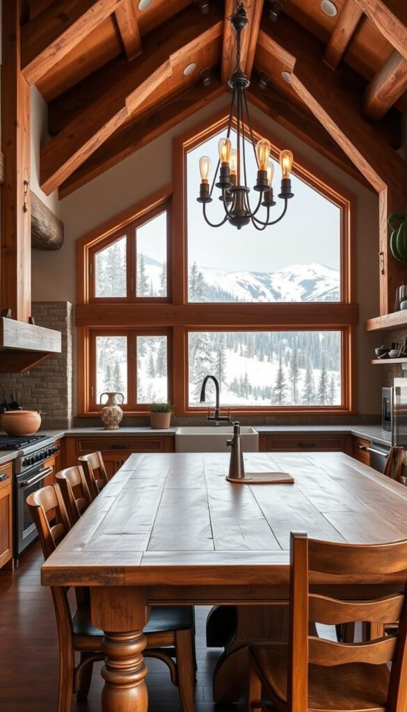 A contemporary rustic kitchen in a mountain home, with warm wood tones, natural stone accents, and a mix of modern and vintage furnishings. In the foreground, a large farmhouse-style wooden table with turned legs and a distressed finish, surrounded by sturdy wooden chairs. In the middle ground, a central island with a thick, butcher block-style countertop and a classic-style farmhouse sink. Overhead, a statement light fixture with exposed bulbs and industrial-inspired elements casts a soft, ambient glow. In the background, floor-to-ceiling windows offer sweeping views of snow-capped peaks and evergreen forests. The space has a cozy, inviting atmosphere, blending the rustic charm of a mountain retreat with the modern comforts of a well-appointed "My Home Dec" kitchen. A contemporary rustic kitchen in a mountain home, with warm wood tones, natural stone accents, and a mix of modern and vintage furnishings. In the foreground, a large farmhouse-style wooden table with turned legs and a distressed finish, surrounded by sturdy wooden chairs. In the middle ground, a central island with a thick, butcher block-style countertop and a classic-style farmhouse sink. Overhead, a statement light fixture with exposed bulbs and industrial-inspired elements casts a soft, ambient glow. In the background, floor-to-ceiling windows offer sweeping views of snow-capped peaks and evergreen forests. The space has a cozy, inviting atmosphere, blending the rustic charm of a mountain retreat with the modern comforts of a well-appointed "My Home Dec" kitchen.