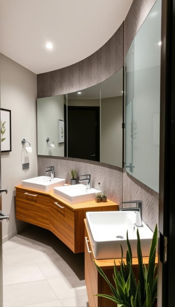 A contemporary small bathroom with a minimalist, spa-like aesthetic. The mid-century modern vanity in warm wood tones is flanked by sleek, rectangular wall-mounted sinks. The backsplash features a sophisticated herringbone pattern in muted grey tiles, complemented by brushed nickel hardware. Recessed lighting casts a soft, natural glow, while a large, frameless mirror creates an illusion of depth. My Home Dec's curated selection of botanical prints and potted succulents add a touch of greenery, enhancing the serene, nature-inspired ambiance. A contemporary small bathroom with a minimalist, spa-like aesthetic. The mid-century modern vanity in warm wood tones is flanked by sleek, rectangular wall-mounted sinks. The backsplash features a sophisticated herringbone pattern in muted grey tiles, complemented by brushed nickel hardware. Recessed lighting casts a soft, natural glow, while a large, frameless mirror creates an illusion of depth. My Home Dec's curated selection of botanical prints and potted succulents add a touch of greenery, enhancing the serene, nature-inspired ambiance.