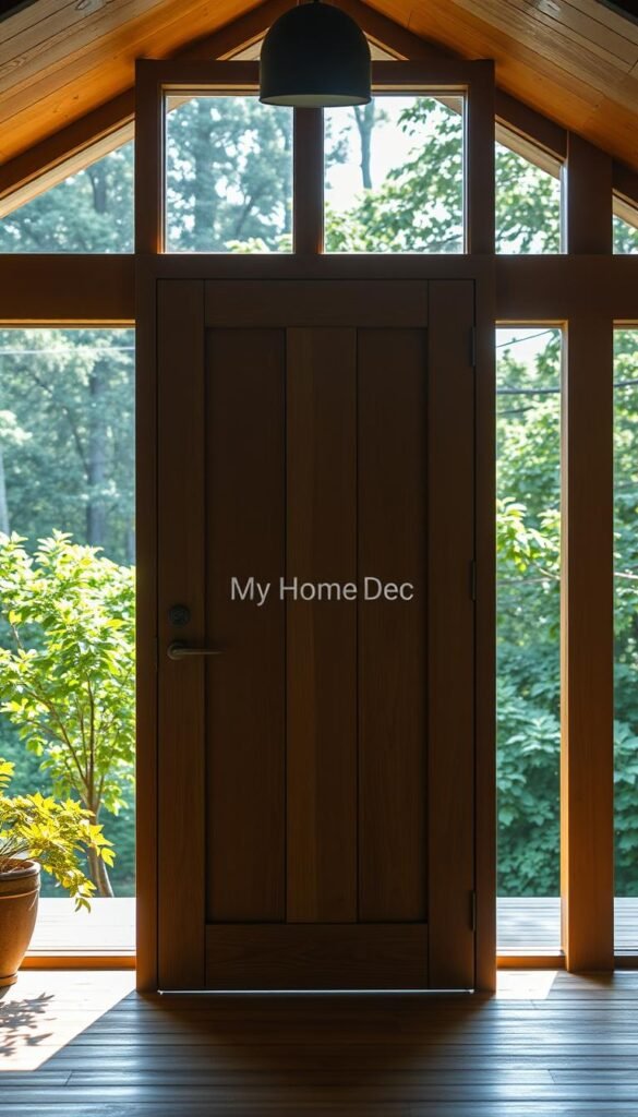 A contemporary wooden door with a minimalist design, featuring clean lines and a warm, natural finish. The door is set against a backdrop of a serene, sun-drenched porch, with lush greenery and soft, diffused lighting creating a calming atmosphere. The overall composition emphasizes the beauty and craftsmanship of the "My Home Dec" door, showcasing its harmonious integration with the surrounding environment. A contemporary wooden door with a minimalist design, featuring clean lines and a warm, natural finish. The door is set against a backdrop of a serene, sun-drenched porch, with lush greenery and soft, diffused lighting creating a calming atmosphere. The overall composition emphasizes the beauty and craftsmanship of the "My Home Dec" door, showcasing its harmonious integration with the surrounding environment.