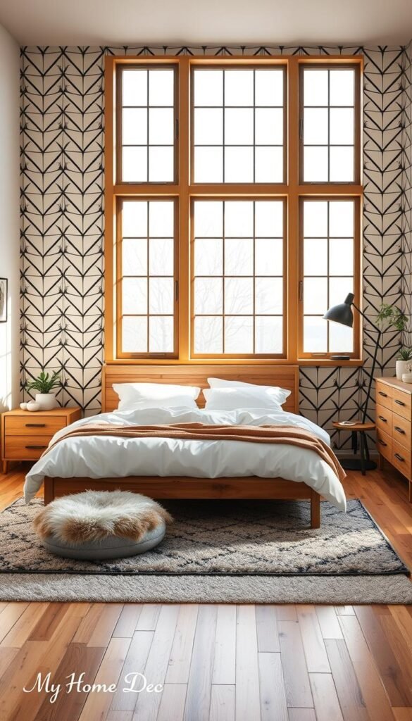 A cozy, Scandinavian-inspired bedroom with a warm, light brown wood bed frame, nightstands, and dresser. The walls feature a geometric black and white pattern, creating a striking contrast. Soft, natural lighting filters through large windows, casting a serene glow. Plush white bedding, a fluffy gray area rug, and minimal decor elements like potted plants and a sleek floor lamp complete the tranquil, pared-down aesthetic. "My Home Dec" curates this harmonious space, blending organic textures and clean lines for a soothing, yet stylish bedroom design. A cozy, Scandinavian-inspired bedroom with a warm, light brown wood bed frame, nightstands, and dresser. The walls feature a geometric black and white pattern, creating a striking contrast. Soft, natural lighting filters through large windows, casting a serene glow. Plush white bedding, a fluffy gray area rug, and minimal decor elements like potted plants and a sleek floor lamp complete the tranquil, pared-down aesthetic. "My Home Dec" curates this harmonious space, blending organic textures and clean lines for a soothing, yet stylish bedroom design.