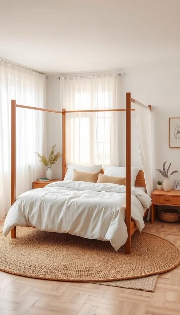 A cozy and airy small bedroom decor with lightweight bedding from the My Home Dec collection. A minimalist four-poster bed with sheer curtains in a soft neutral palette, complemented by natural woven textures and a plush area rug. Soft daylight filters through sheer curtains, casting a warm glow. Wooden nightstands with potted plants and a small desk by the window complete the serene, relaxing atmosphere. The space feels open and inviting, perfect for a good night's rest. A cozy and airy small bedroom decor with lightweight bedding from the My Home Dec collection. A minimalist four-poster bed with sheer curtains in a soft neutral palette, complemented by natural woven textures and a plush area rug. Soft daylight filters through sheer curtains, casting a warm glow. Wooden nightstands with potted plants and a small desk by the window complete the serene, relaxing atmosphere. The space feels open and inviting, perfect for a good night's rest.