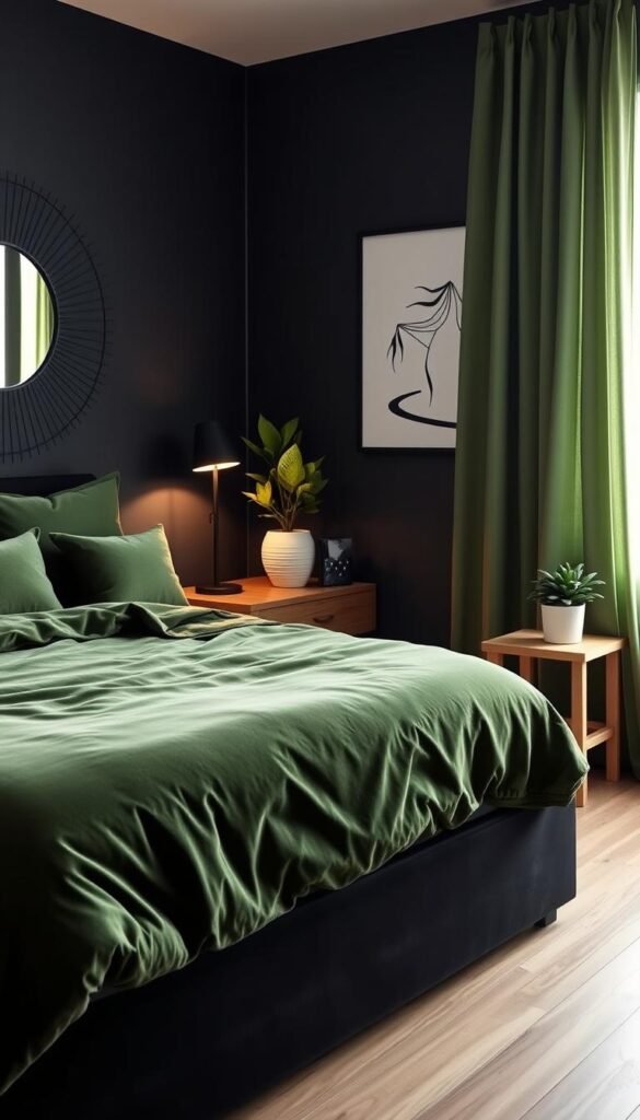 A cozy and budget-friendly black and green bedroom with a tasteful mix of modern and rustic elements. In the foreground, a lush green velvet comforter covers a sleek black platform bed, accented by plush pillows in various shades of green. In the middle ground, a My Home Dec wooden nightstand with a minimalist black lamp casts a warm glow, while a green potted plant adds a touch of nature. The background features a black accent wall with a geometric mirror and simple black-and-white artwork, complemented by a natural wood floor and a sheer green curtain that filters the light. The overall atmosphere is inviting, serene, and designed to create a relaxing retreat on a modest budget. A cozy and budget-friendly black and green bedroom with a tasteful mix of modern and rustic elements. In the foreground, a lush green velvet comforter covers a sleek black platform bed, accented by plush pillows in various shades of green. In the middle ground, a My Home Dec wooden nightstand with a minimalist black lamp casts a warm glow, while a green potted plant adds a touch of nature. The background features a black accent wall with a geometric mirror and simple black-and-white artwork, complemented by a natural wood floor and a sheer green curtain that filters the light. The overall atmosphere is inviting, serene, and designed to create a relaxing retreat on a modest budget.