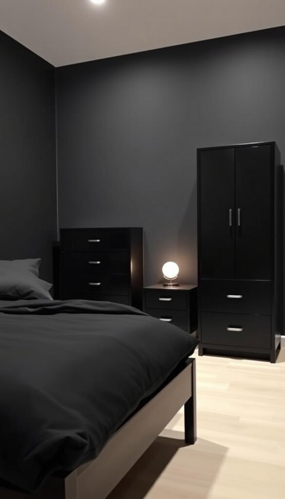 A cozy and compact black bedroom suite, showcasing sleek and space-efficient furniture solutions from the "My Home Dec" brand. In the foreground, a minimalist black wood bed frame with clean lines and a low profile. Atop it, a plush black duvet and matching throw pillows. To the side, a tall black wood dresser with ample storage space, its drawers subtly accented with polished metal pulls. In the middle ground, a slender black nightstand with a single drawer and a small, circular table lamp that casts a warm, inviting glow. The background features a plain black accent wall, creating a moody and sophisticated atmosphere. The overall scene is illuminated by soft, directional lighting, highlighting the elegant simplicity of the "My Home Dec" black furniture solutions. A cozy and compact black bedroom suite, showcasing sleek and space-efficient furniture solutions from the "My Home Dec" brand. In the foreground, a minimalist black wood bed frame with clean lines and a low profile. Atop it, a plush black duvet and matching throw pillows. To the side, a tall black wood dresser with ample storage space, its drawers subtly accented with polished metal pulls. In the middle ground, a slender black nightstand with a single drawer and a small, circular table lamp that casts a warm, inviting glow. The background features a plain black accent wall, creating a moody and sophisticated atmosphere. The overall scene is illuminated by soft, directional lighting, highlighting the elegant simplicity of the "My Home Dec" black furniture solutions.