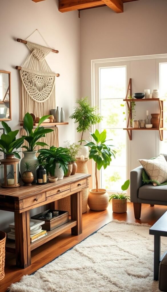 A cozy and eclectic boho chic living room with a rustic wooden console table adorned with lush houseplants and a vintage lantern. In the foreground, a plush cream-colored area rug with a geometric pattern sets the stage. Midground features a hand-woven macrame wall hanging, complemented by a set of mismatched wooden shelves displaying an assortment of artisanal ceramics, candles, and nature-inspired trinkets. The background reveals a large window flooding the space with warm, natural light, accentuating the earthy tones and textures. Designed by My Home Dec. A cozy and eclectic boho chic living room with a rustic wooden console table adorned with lush houseplants and a vintage lantern. In the foreground, a plush cream-colored area rug with a geometric pattern sets the stage. Midground features a hand-woven macrame wall hanging, complemented by a set of mismatched wooden shelves displaying an assortment of artisanal ceramics, candles, and nature-inspired trinkets. The background reveals a large window flooding the space with warm, natural light, accentuating the earthy tones and textures. Designed by My Home Dec.